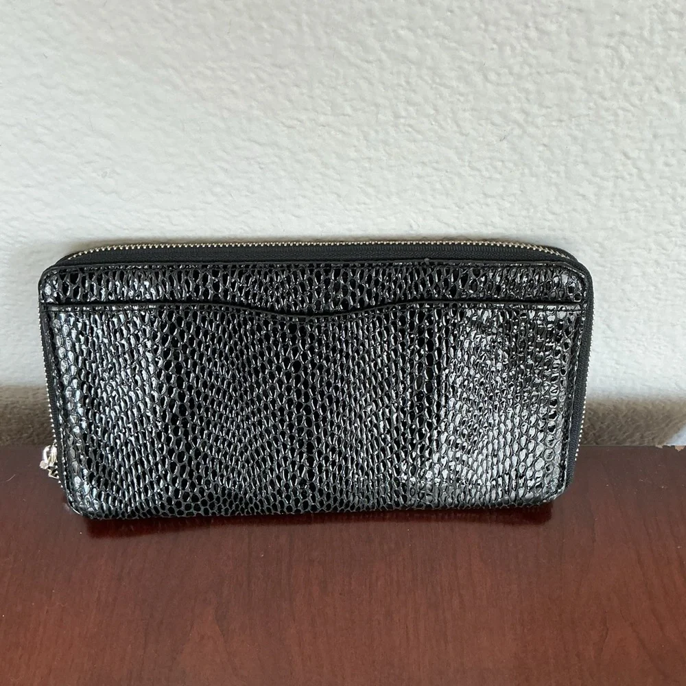 Abas Black Patent Snakeskin Zip Travel Clutch Wallet